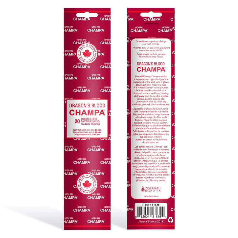  [AUSTRALIA] - Dragons Blood Champa 11" Incense Sticks Pack of 20 Each Long Lasting Aroma Stick Lasts 60+ Minutes Pure Ingredients Make These Agarbathi Perfect for Environmental Scenting and Aromatherapy Dragons Blood Champa