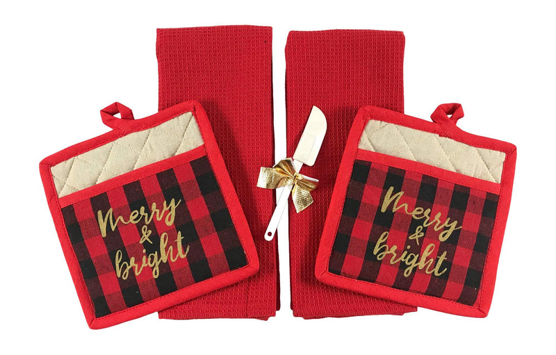  [AUSTRALIA] - Merry Bright Christmas Holiday Kitchen Gift Set: Two Red Hand Dish Towels, Two Matching Red Black Check Pot Holder (Merry Bright) Merry Bright