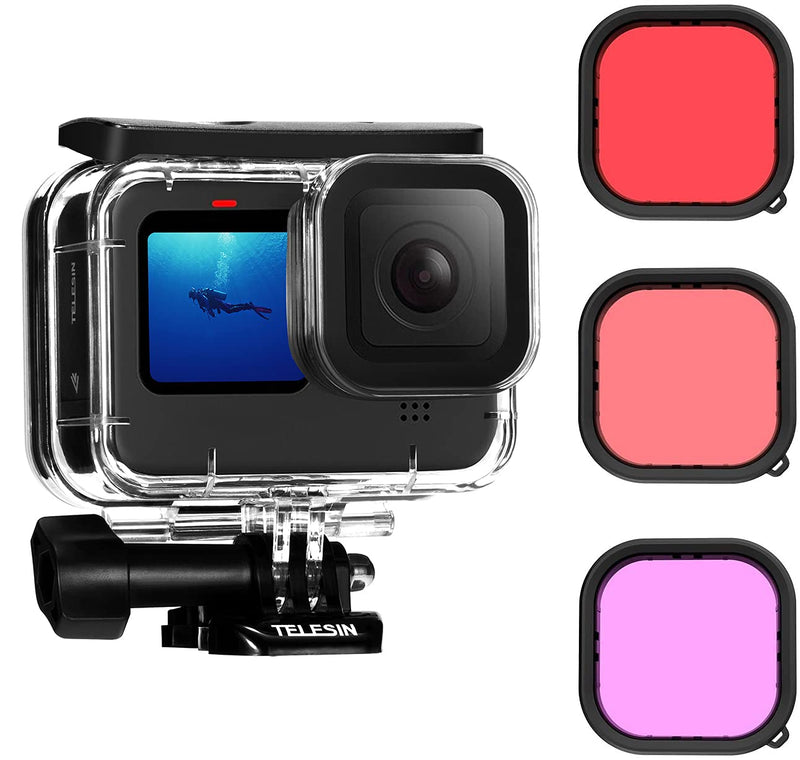  [AUSTRALIA] - TELESIN Waterproof Case with 3-Pack Dive Filter for GoPro Hero 10 Hero 9 Black Supports 60M/196FT Underwater Scuba Snorkeling Deep Diving with Red Magenta Filter Bracket Screw Go Pro Accessories Waterproof Case+ 3 Pack Dive Filters