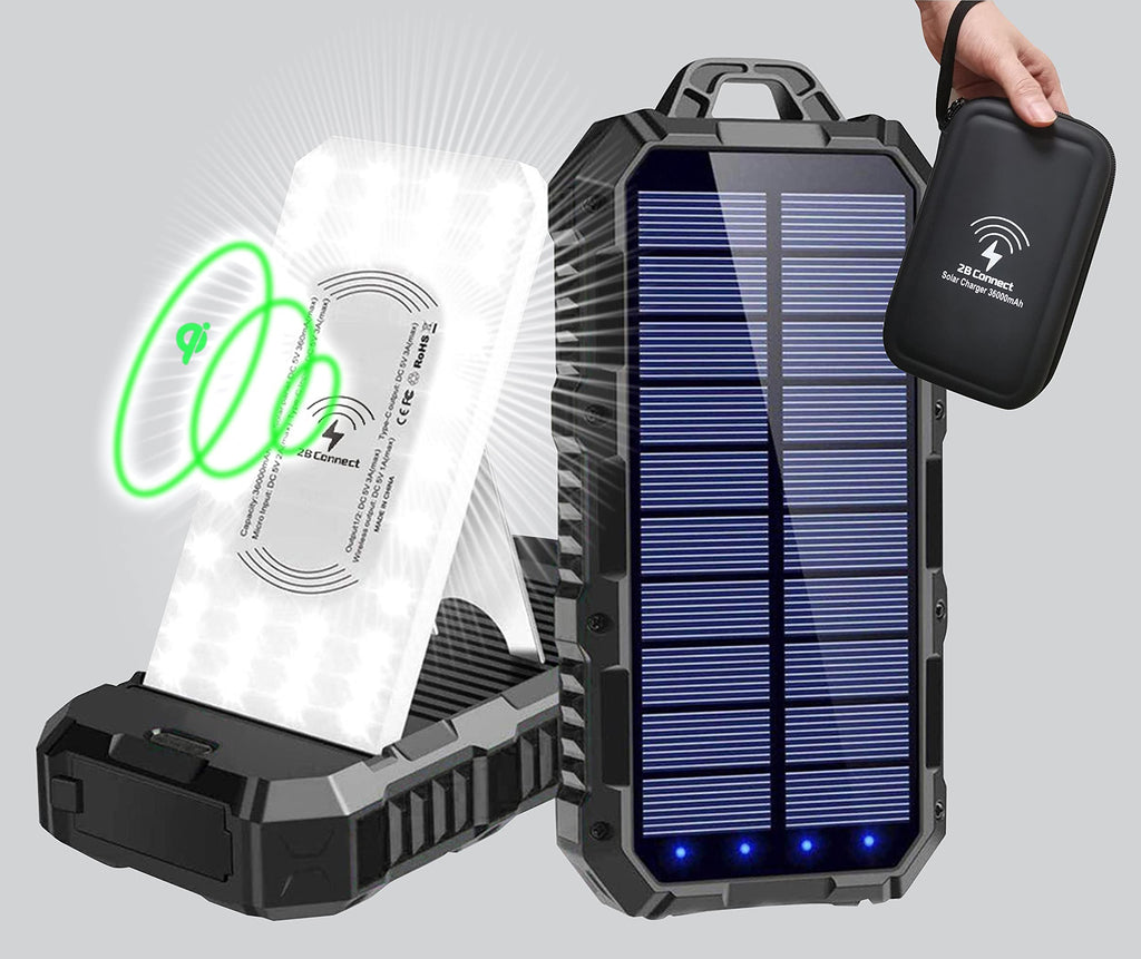 Solar Charger Power Bank 36000mAh - Qi Wireless Phone Charger with Dual USB & Type-C Port - Fast Charging Power Bank with LED Flashlight & Hard PU Travel Case - IP54 Waterproof, Dustproof by 2BConnect - LeoForward Australia
