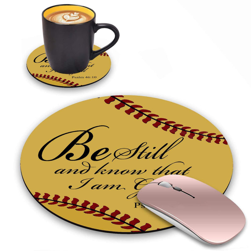 Round Mouse Pad with Coasters Set, Softball Surface Quotes Bible Verse Psalm 46:10 - Be Still and Know That I am God Design Mouse Pad, Non-Slip Rubber Base Mouse Pads for Laptop and Computer - LeoForward Australia