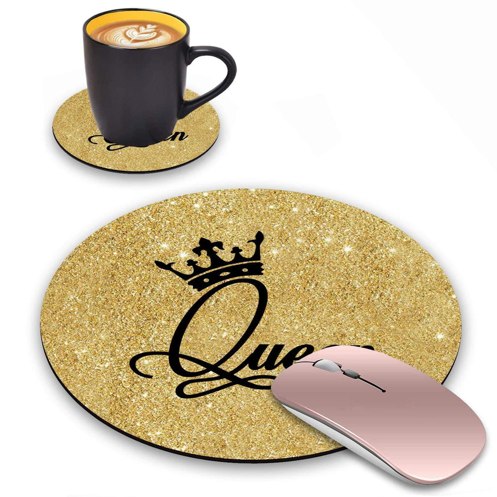 Round Mouse Pad with Coasters Set, Gold Glitter Quotes Crown Queen Design Mouse Pad, Non-Slip Rubber Base Mouse Pads for Laptop and Computer Office Accessories - LeoForward Australia