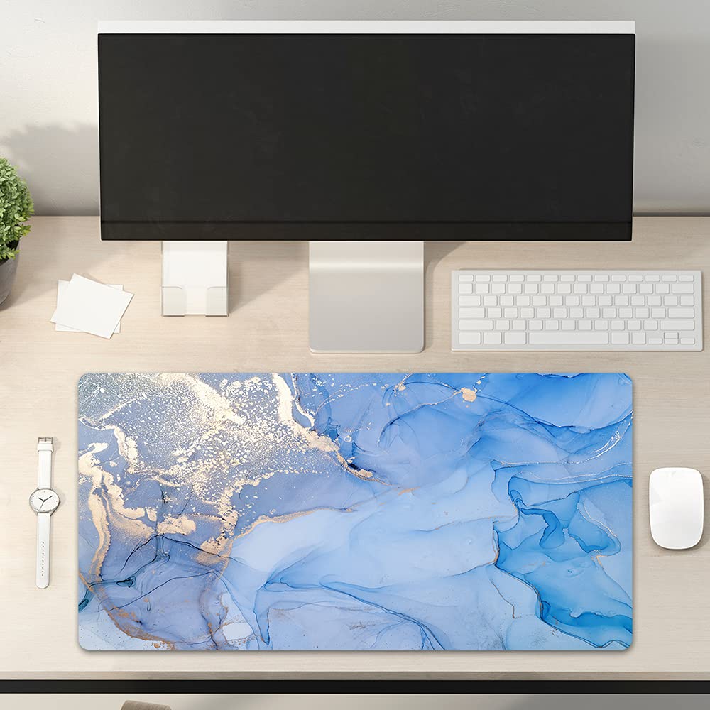 Colorful Star Waterproof Blue Marble Desk Pad 31.5"x15.7" Non-Slip Leather Desk Mat Extended Mouse & Keyboard Pad for Office Home Décor, Non-Slip Large Writing Pad Desk Accessory, Blue Gold Marble Ink Blue Gold Ink Color - LeoForward Australia