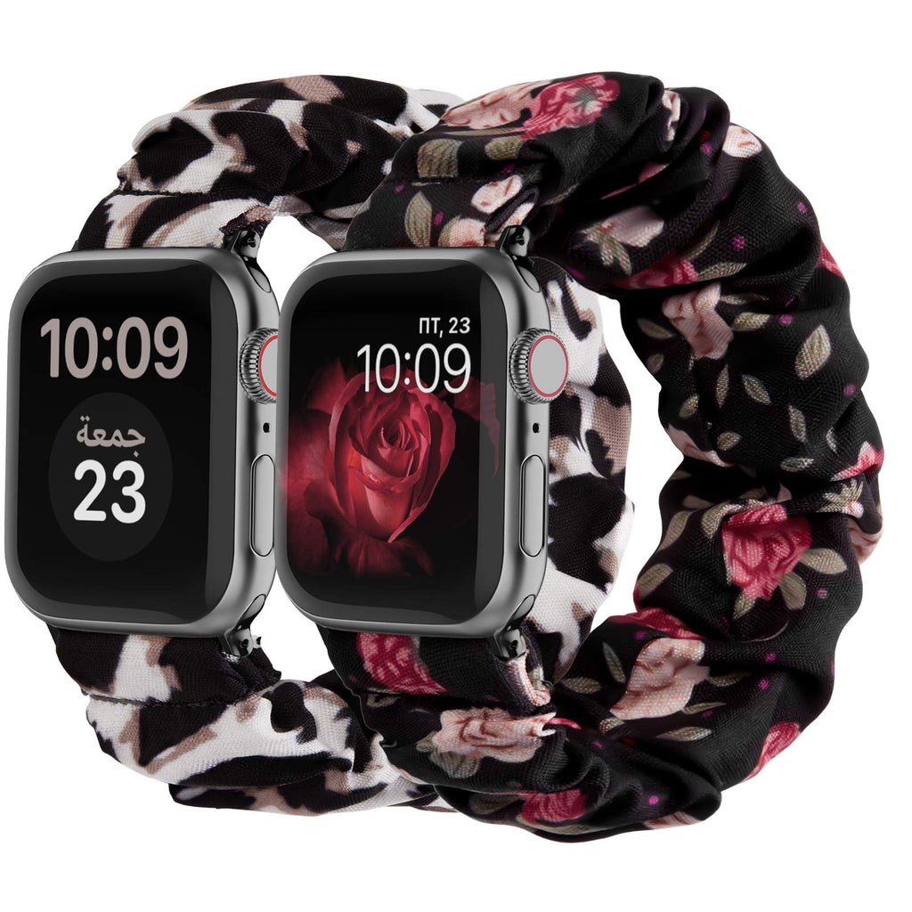 Compatible with Scrunchies Apple Watch Bands 38mm 40mm, Women Cloth Pattern Printed Fabric Wristbands Straps Elastic Scrunchy Band for iWatch Series 6 5 4 3 2 1 SE (Small Red-Flower, Black Leopard) Red-Flower/Black Leopard 38mm/40mm S/M - LeoForward Australia