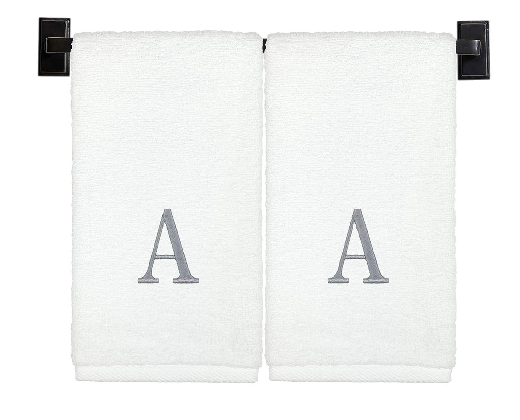  [AUSTRALIA] - Custom Luxury Towels - Monogrammed Hand Towels, Set of 2, 100% Cotton, Made in USA, Luxury Hotel Quality, Embroidered Silver Thread Monogram White A - 2 Hand Towel Set