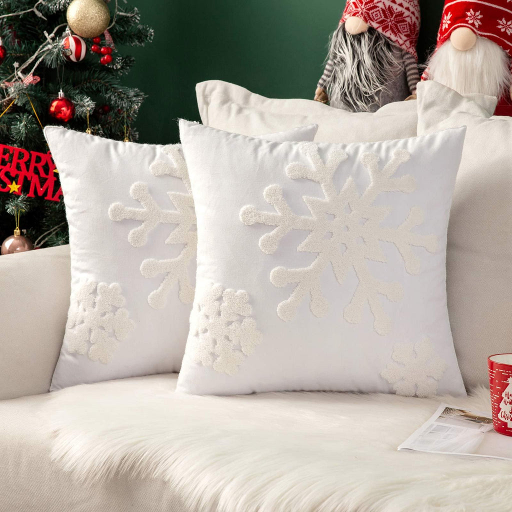  [AUSTRALIA] - MIULEE Pack of 2 Canvas Decorative Christmas Snowflake Throw Pillow Covers Embroidery Cushion Cases Holiday Decor Soft Pillowcases for Couch Sofa Bedroom Car（White, 18x18in） 18"x18" White