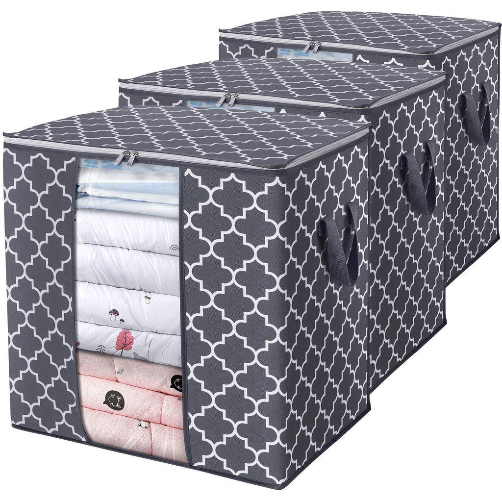  [AUSTRALIA] - WISELIFE Storage Bags 100L 3-Pack Large Blanket Clothes Organization and Storage Containers for Comforters,Bedding, Foldable Organizer with Reinforced Handle, Clear Window, Sturdy Zippers,Gray Aesthetic Pattern- Grey