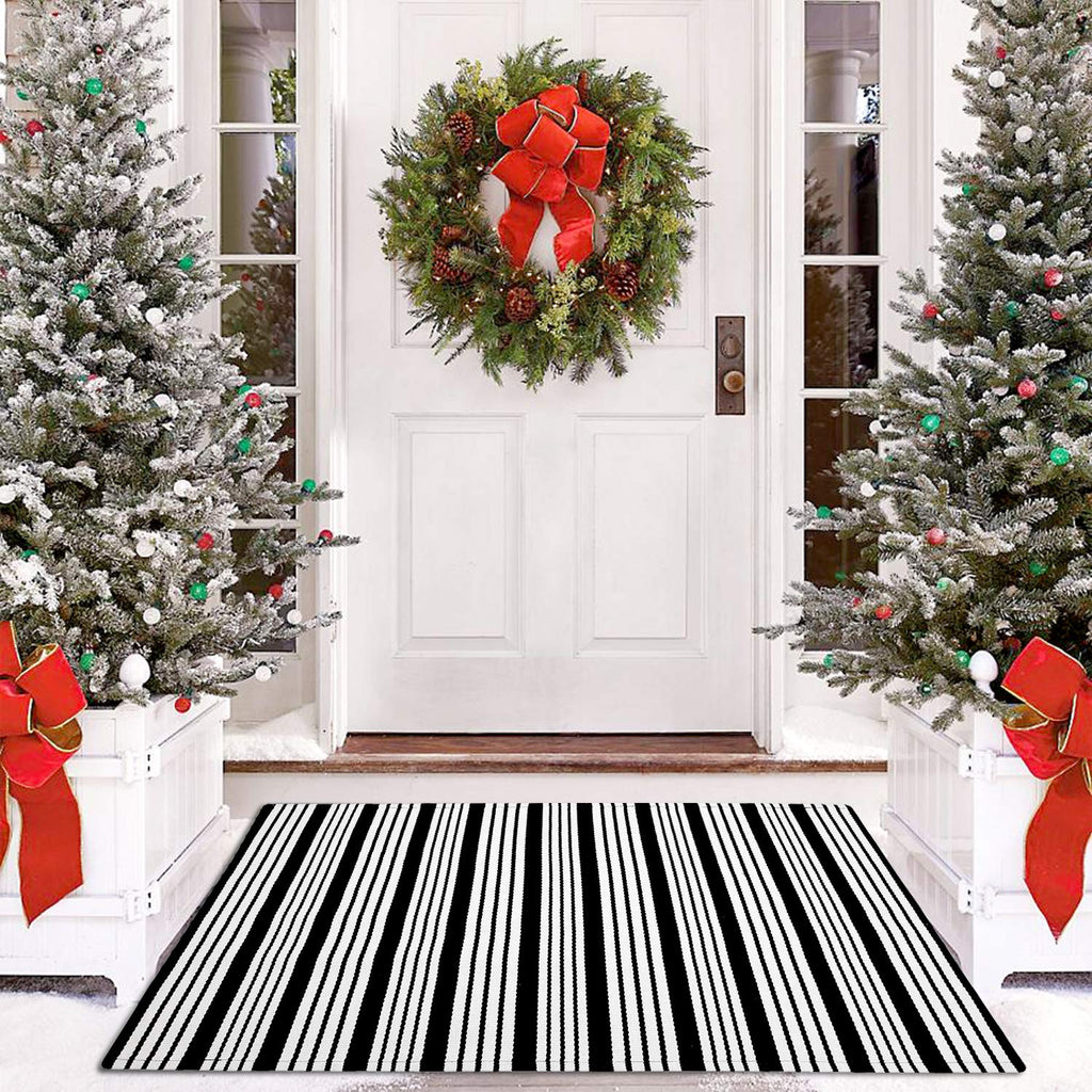  [AUSTRALIA] - Cotton Black and White Striped Rug Outdoor Doormat 27.5 x 43 Inches Washable Woven Front Porch Decor Outdoor Indoor Welcome Mats for Front Door/Kitchen/Farmhouse/Entryway/Home Entrance Black Rug Black and White (Narrow Stripe) 27.5"×43"