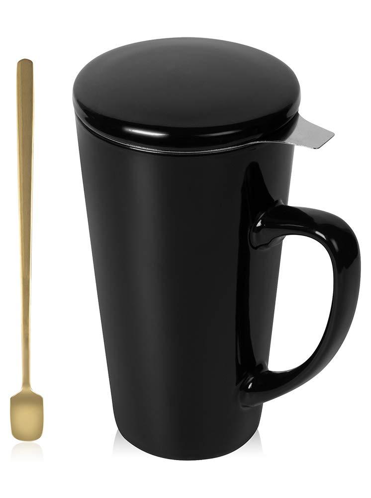  [AUSTRALIA] - DiiKoo Tea Cups with Infuser and Lid,19 Oz Large Ceramic Tea Mug,Tea Strainer Cup with Tea Bag Holder for Loose Tea,Porcelain Tea Steeping Mug Black L Black Large