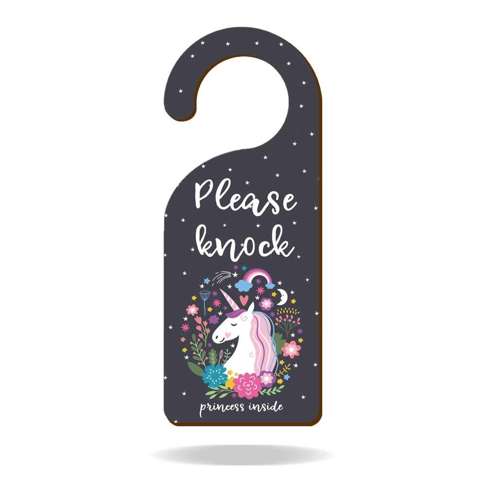  [AUSTRALIA] - Please Knock Princess Inside Wooden Door Knob Hanger Sign for Kids' Room,Playing Room,Home, Girl's Room 9"3.54" Unicorn with Flowers and Stars Decoration