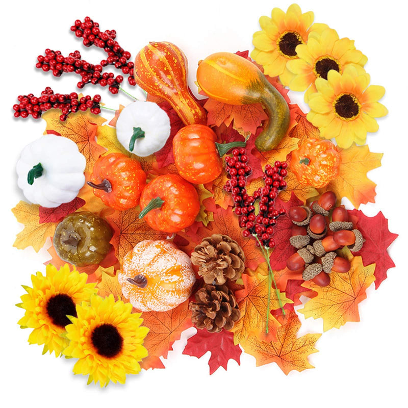  [AUSTRALIA] - 96Pcs Halloween Artificial Pumpkin and Gourd Maple Leaf Sunflower Red Fruit Pine Cone Acorn Harvest Mixed Small Fake Pumpkin Thanksgiving Halloween Party Decoration