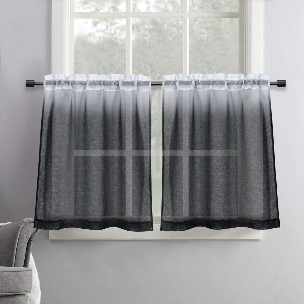  [AUSTRALIA] - SeeGlee Faux Linen Ombre Sheer Curtain Tiers for Kitchen - 24 Inch Length Half Window Curtain Tiers for Cabinet Rod Pocket Design ( Black,24 Inches Wide x 24 Long,2 Panels) 24" X 24"