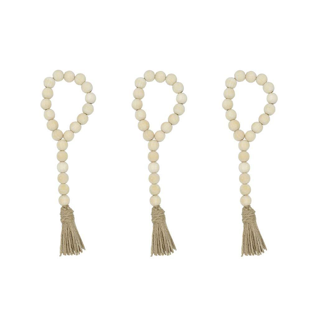  [AUSTRALIA] - BESPORTBLE 3 PCS Wood Bead Garland Farmhouse Rustic Country Beads with Tassles Natural Wall Hanging Decor