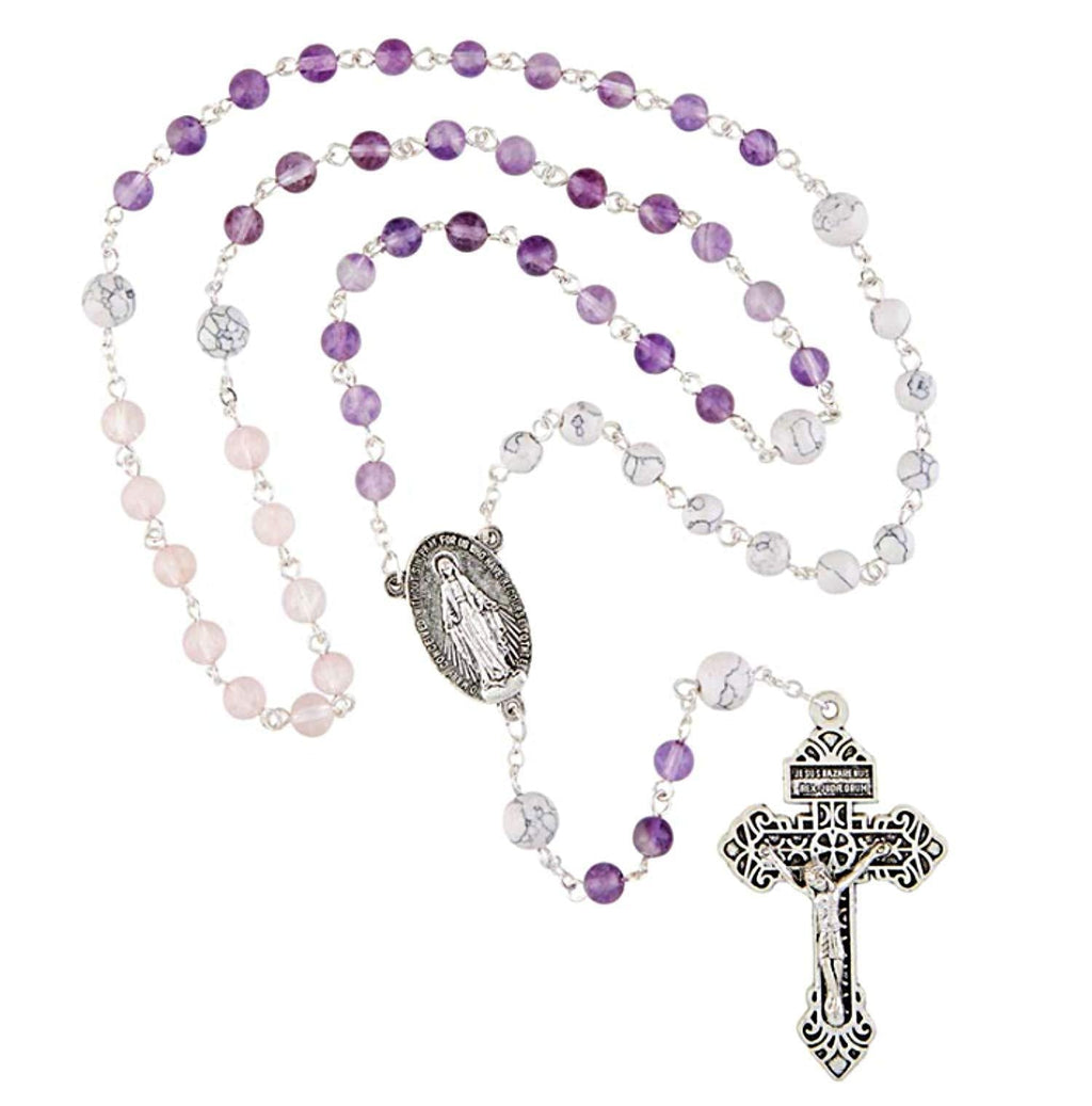  [AUSTRALIA] - Living Advent Rosary, Purple and Pink Stone Beads with Silver Tone Metal Crucifix and Miraculous Centerpiece, Plastic Carrying Case Box Included, 20 1/2 Inch