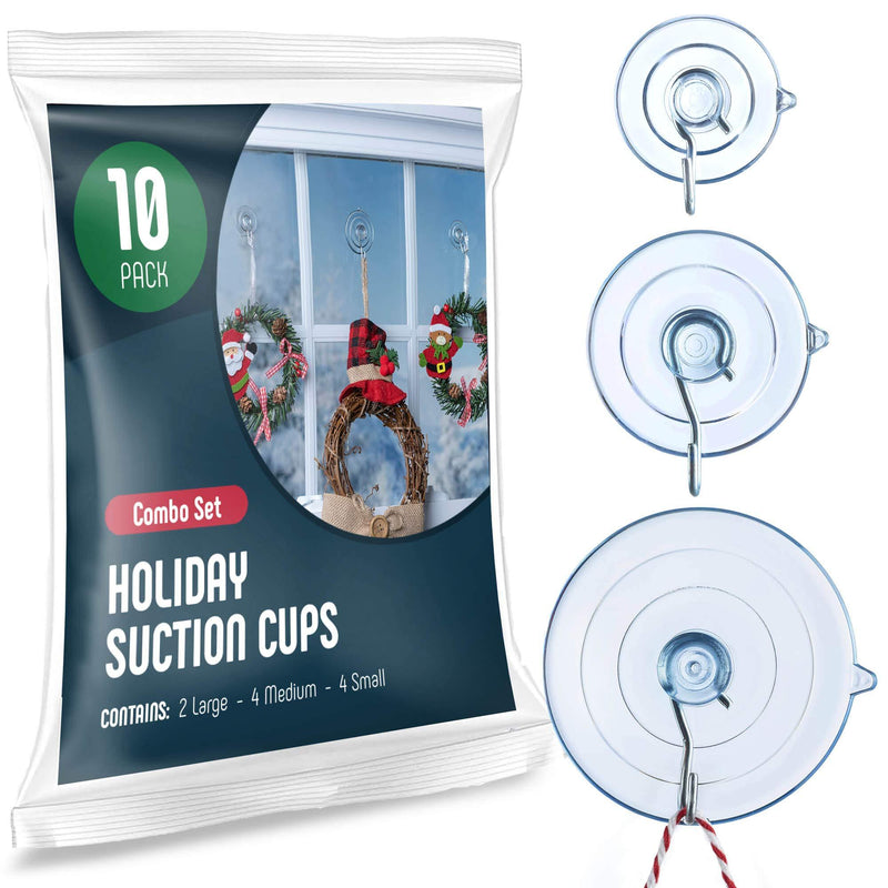  [AUSTRALIA] - All-Purpose Holiday suction cup hooks [10PK Combo Set] Powerful window suction cups with hooks Use To Hang On glass, Windows, Doors, Mirrors, Tiles. Set Includes: 2 Large, 4 Medium, 4 Small - USA Made 10 pack