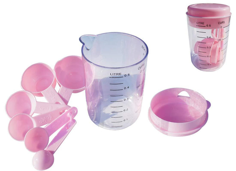  [AUSTRALIA] - Measuring Cup and Measuring Spoons Set, Plastic for Dry and Liquid Ingredients 7 Piece Set, 6 Measure Spoons & 1 Measure Cup with Spout and Lid,BPA Free Dishwasher Safe Pink