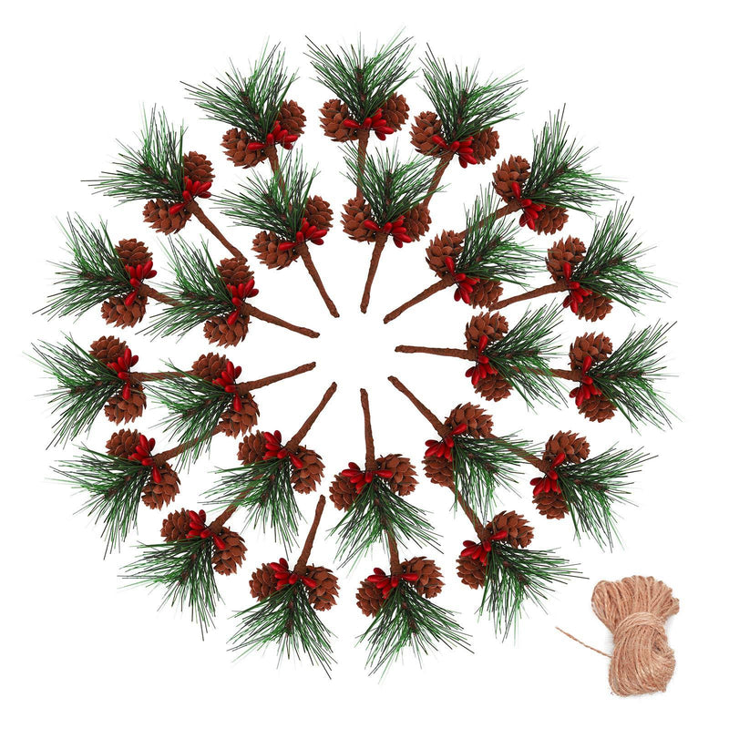  [AUSTRALIA] - Geefuun 24Pieces Christmas Artificial Pine Needle/Pick Decorations 1 Pack Jute Twine Rope - Xmas Party Gift Wrapping Decor Wreaths Arrangement Tree Ornaments Wedding Supplies