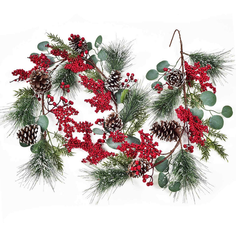  [AUSTRALIA] - Lvydec Christmas Pine Garland Decoration, 6ft Eucalyptus Christmas Garland with Red Berry Pine Cones Eucalyptus Leaves and Pine Needle for Holiday Mantel Fireplace Table Centerpiece Pine Cone Eucalyptus Leaves Red Berry