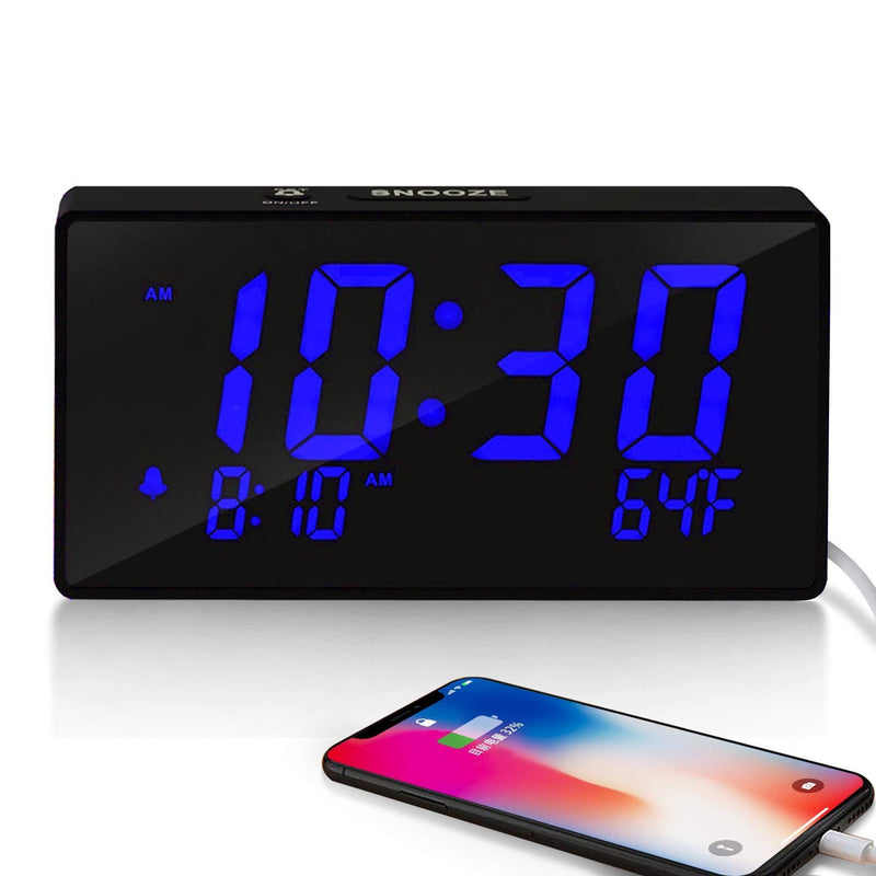  [AUSTRALIA] - LED Digital Alarm Clock with USB Charger Port, Temperature, Snooze, Dimmable, Adjustable Alarm Volume, 12/24 Hour, Simple Operation Clocks for Bedroom and Living Room (Blue) Blue LED