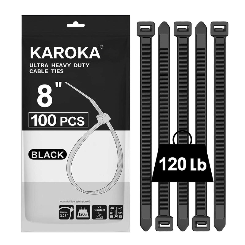  [AUSTRALIA] - Zip Ties 8 inch Heavy Duty Zip Ties with 120 Pounds Tensile Strength, Black Cable Ties, 100 Pieces,by Karoka 8" 120 Pounds