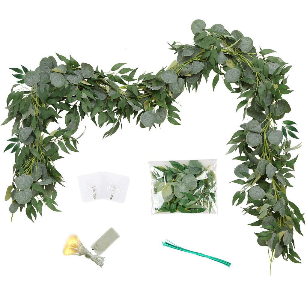  [AUSTRALIA] - Greentime 2 Pack 6.5 Feet Artificial Silver Dollar Eucalyptus Leaves Garland with Willow Vines Leaves Greenery Garland for Wedding Table Runner Centerpiece Arch Bridal Baby Shower Christmas Decor