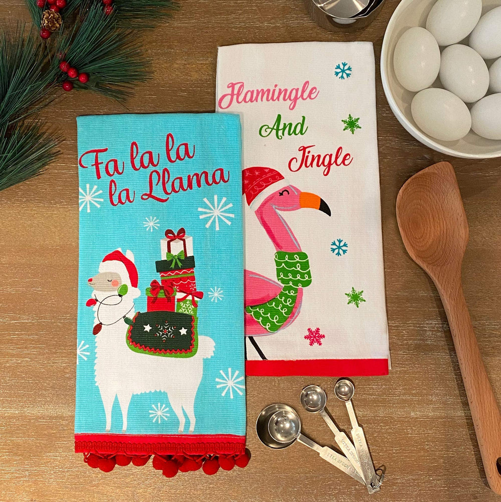  [AUSTRALIA] - Elrene Home Fashions Llama Pom and Flamingle and Jingle Cotton Christmas Holiday Kitchen Dish Hand Towels, Set of 2, 16"x26", FA La Llama & Flamingle 16"x26" (Set of 2 Kitchen Towels)