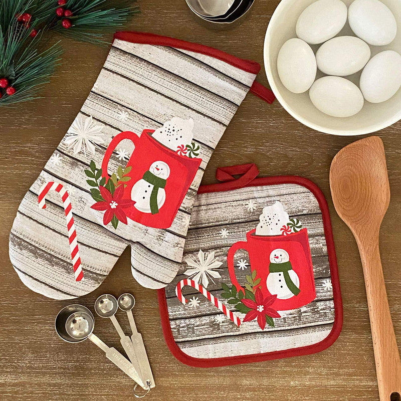  [AUSTRALIA] - Elrene Home Fashions Jolly Cocoa and Candy Cane Holiday Oven Mitt and Pot Holder Gift Set of 2, 100% Cotton, 7"x13" 8"x8", Multi 7"x13" (Oven Mitt); 8"x8" (Pot Holder)