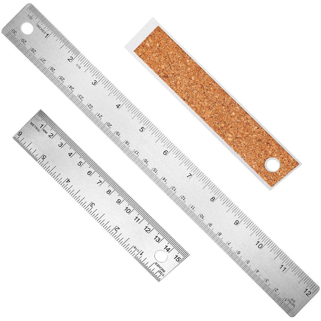  [AUSTRALIA] - 3 Pieces Stainless Steel Cork Back Rulers Set 1 Piece 12 Inch and 2 Pieces 6 Inch Non Slip Straight Edge Rulers with Inch and Metric Graduations for School Office Engineering Woodworking