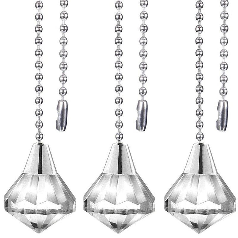  [AUSTRALIA] - Ceiling Fan Pull Chain Decorative Extension Clear Diamond Pendant 12 Inches Fan Pulls Set for Ceiling Fan Light,3 Pcs (Nickel) Transparent