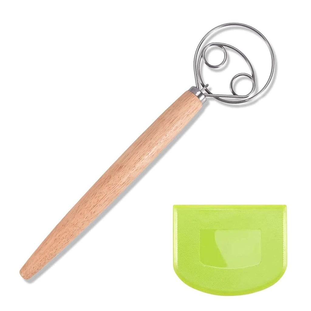  [AUSTRALIA] - Danish Dough Whisk Large Hand Mixer - Large 13” Stainless Steel Wooden Danish Whisk with Dough Scraper - Dutch Style Artisan Blender for Bread, Batter, Cake, Pastry, and More - Perfect Gift for Bakers 2PCS=1x(Two-eye dough whisk+dough scraper)