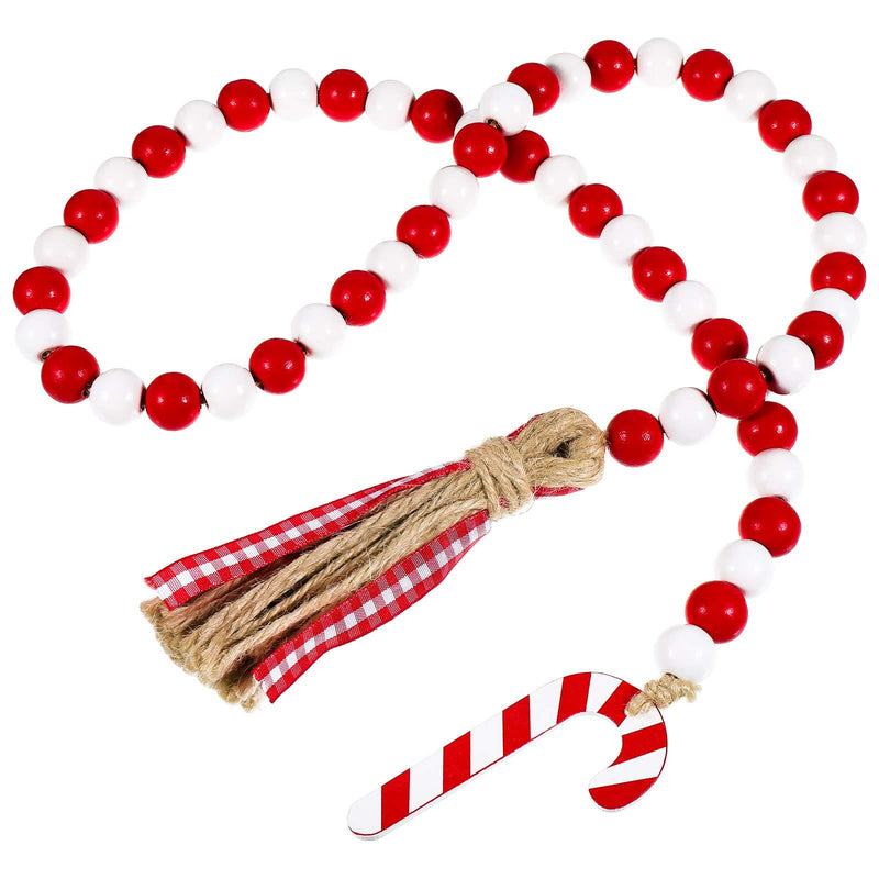  [AUSTRALIA] - Christmas Wooden Bead Wreath with Tassels, Decorated with Candy Canes, Wood Bead Garland Wreath for Christmas Decorations, Farmhouse Wall Hanging Ornaments