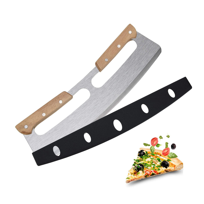  [AUSTRALIA] - AKGD 14-Inch Premium Pizza Cutter Rocker Style, Very Sharp Stainless Steel Pizza Knife Slicer Blade with Cover, Safer with Double Wooden Grip, Chopper Suitable for all Types of crusts