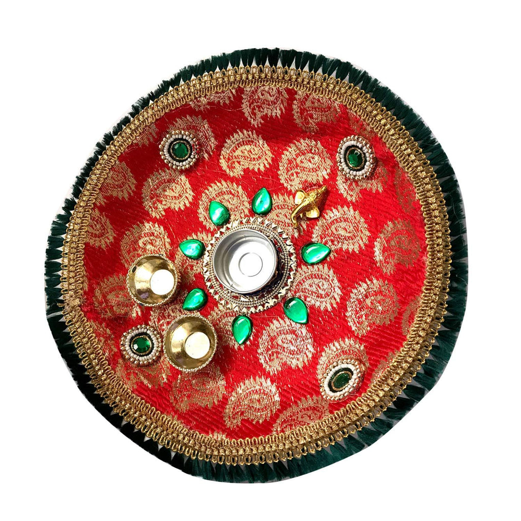 [AUSTRALIA] - DBY Pooja Thali with Haldi Kumkum Holder Decorative Small Ganesha Face Stainlees Steel Plate Celebrate Your Festival with This Colorful Pooja Thali with Nice Red Combination Thali