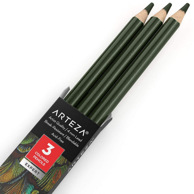  [AUSTRALIA] - Arteza Colored Pencils, Pack of 3, A617 Olive Green, Soft Wax-Based Cores, Ideal for Drawing, Sketching, Shading & Coloring