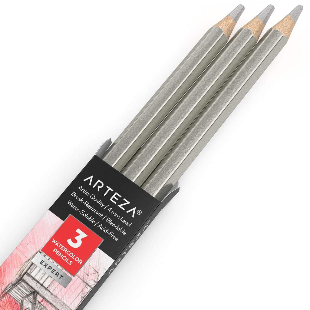  [AUSTRALIA] - Arteza Professional Watercolor Pencils, Pack of 3, A701 Silver, Water-Soluble Pencils for Coloring, Blending, Layering & Watercolor Techniques A127 Silver)