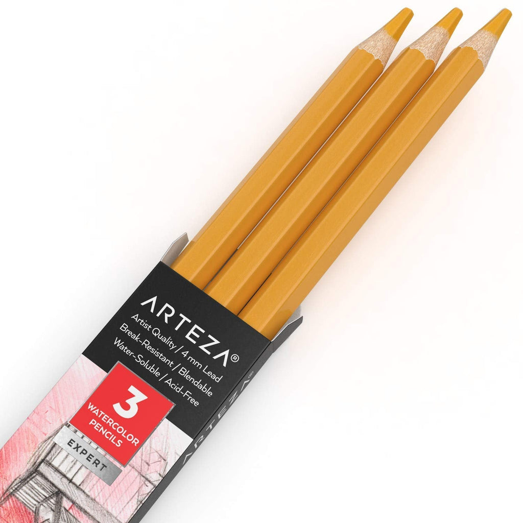  [AUSTRALIA] - Arteza Professional Watercolor Pencils, Pack of 3, А109 Yellow Ochre, Water-Soluble Pencils for Coloring, Blending, Layering & Watercolor Techniques