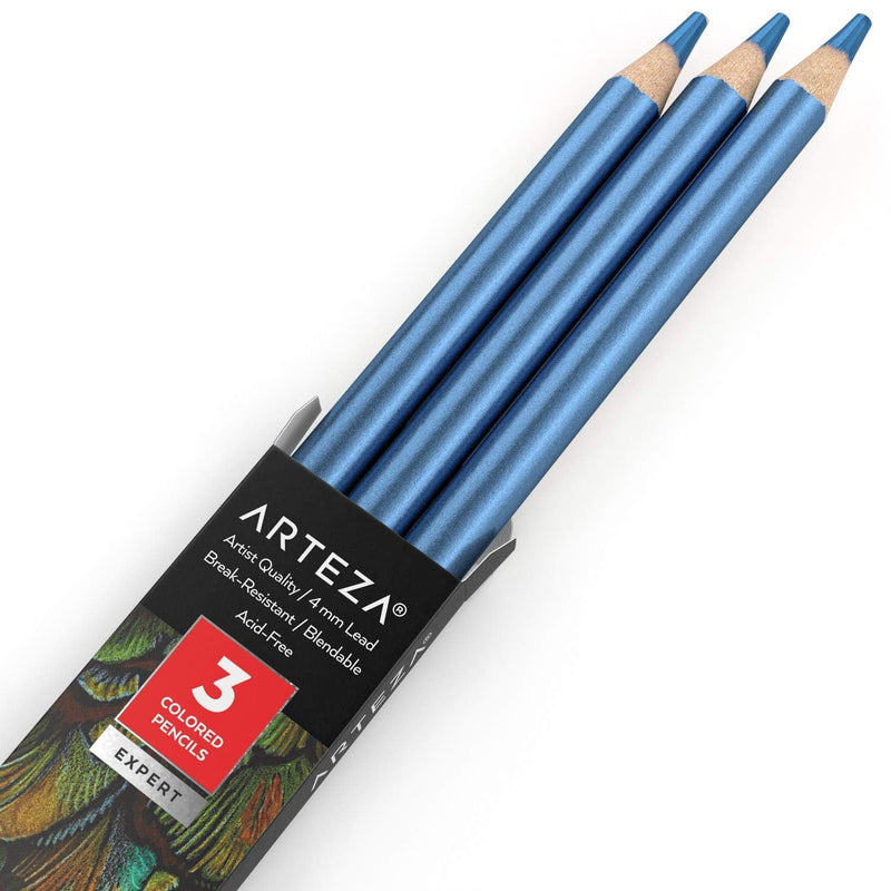  [AUSTRALIA] - Arteza Colored Pencils, Pack of 3, A704 Dreamy Blue, Soft Wax-Based Cores, Ideal for Drawing, Sketching, Shading & Coloring