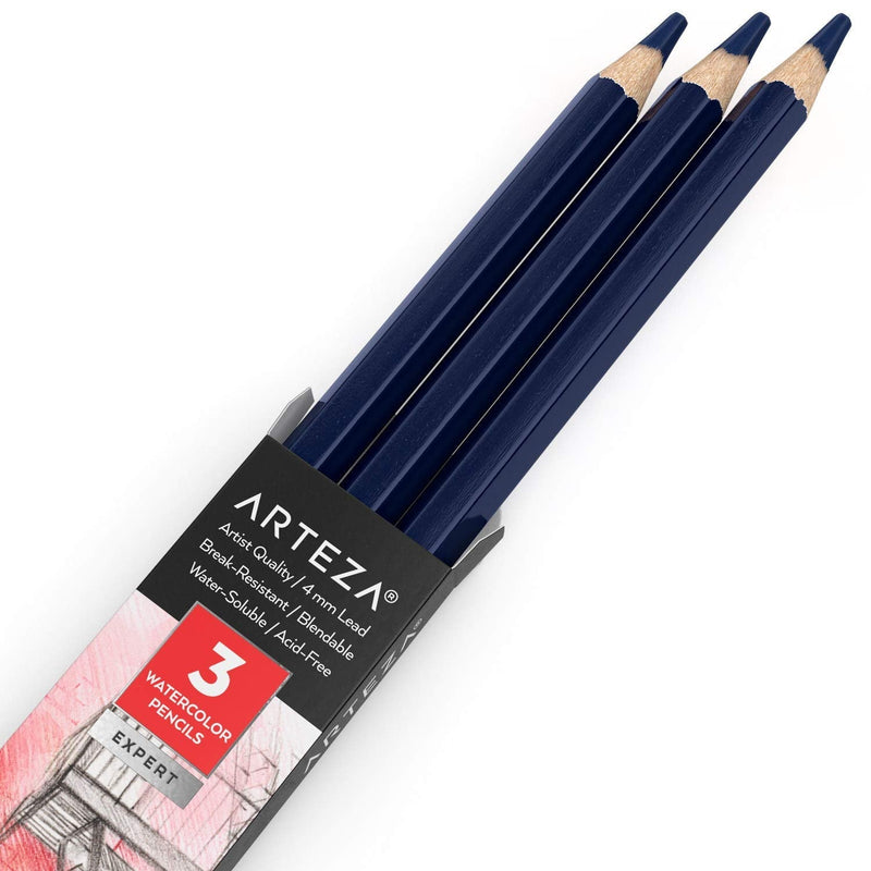  [AUSTRALIA] - Arteza Professional Watercolor Pencils, Pack of 3, A512 Indigo, Water-Soluble Pencils for Coloring, Blending, Layering & Watercolor Techniques A007 Indigo