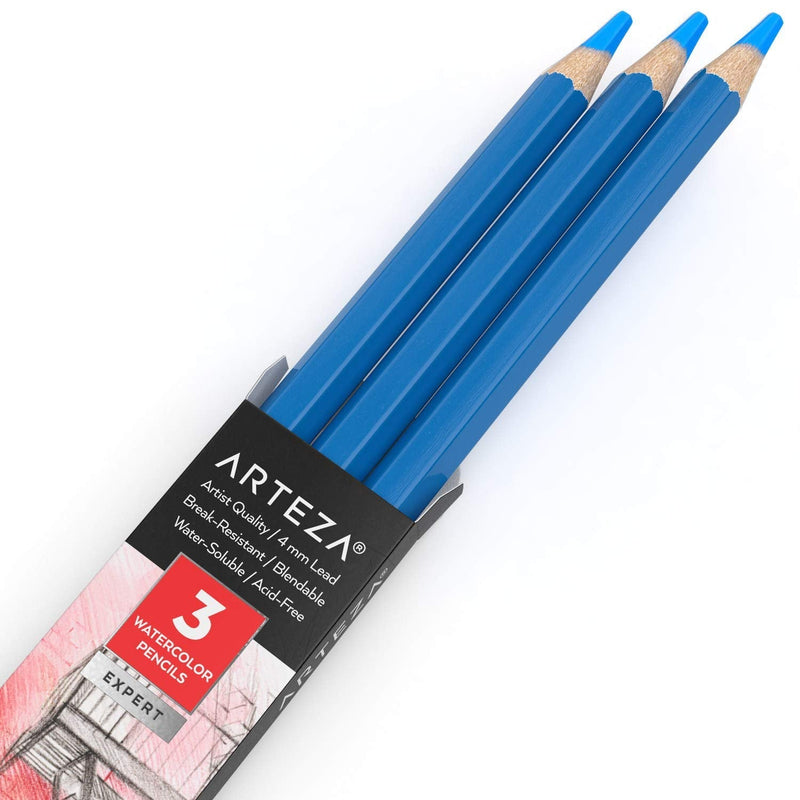  [AUSTRALIA] - Arteza Professional Watercolor Pencils, Pack of 3, A501 Peacock Blue, Water-Soluble Pencils for Coloring, Blending, Layering & Watercolor Techniques