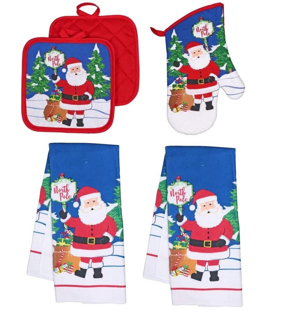  [AUSTRALIA] - Collection Christmas Kitchen Towel Set 5 Piece 2 Pot Holders & 2 Towels with 1 Oven Mitt (Santa Claus)