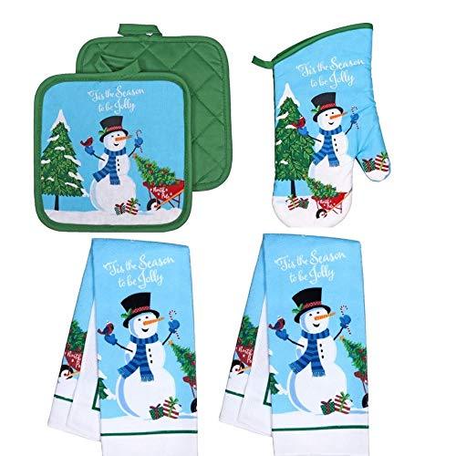  [AUSTRALIA] - Collection Christmas Kitchen Towel Set 5 Piece 2 Pot Holders & Towels with 1 Oven Mitt (Snowman)