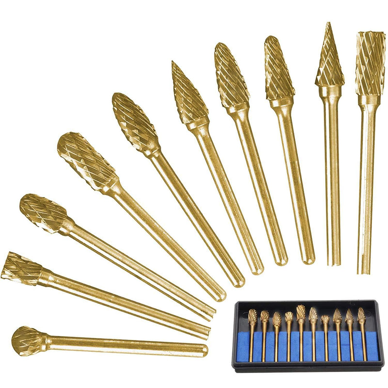 Carbide Rotary Burr Set - 10Pcs Tungsten Double Cut Die Grinder Bits Files, Titanium 1/8” Gold Shank Drill Bits kit DIY Woodworking Tool for Carving, Engraving and Polishing - LeoForward Australia