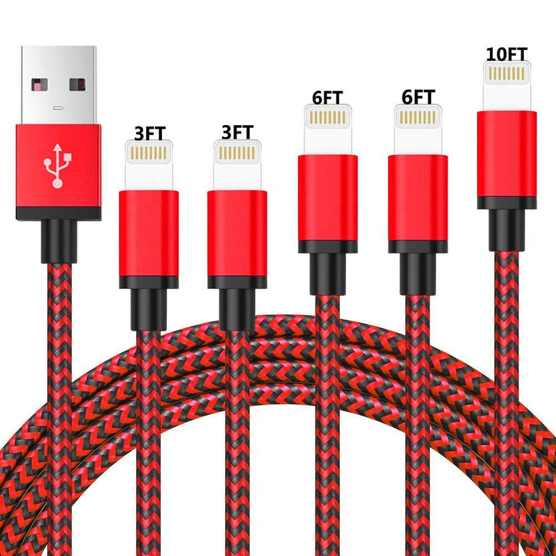 iPhone Charger, Lightning Cable MFi Certified 5Pack-3/3/6/6/10FT Long Nylon Braided Fast Charging Data Sync Cord Compatible with iPhone 12/11/Pro/Xs Max/X/8/7/Plus/6S/6/SE/5S - LeoForward Australia