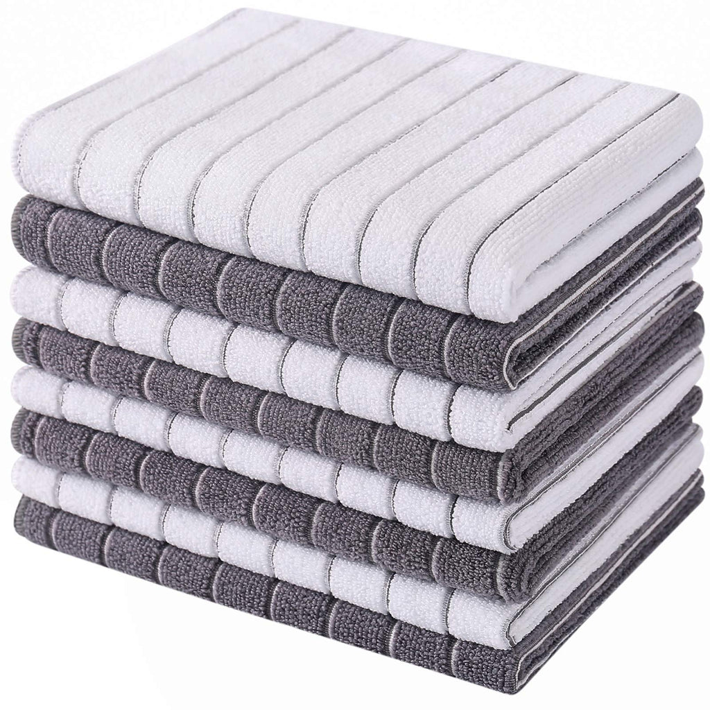  [AUSTRALIA] - HYER KITCHEN Microfiber Kitchen Towels, Stripe Designed, Super Soft and Absorbent Dish Towels, Pack of 8, 18 x 26 Inch, Gray and White Kitchen Towel 26x18 Inch