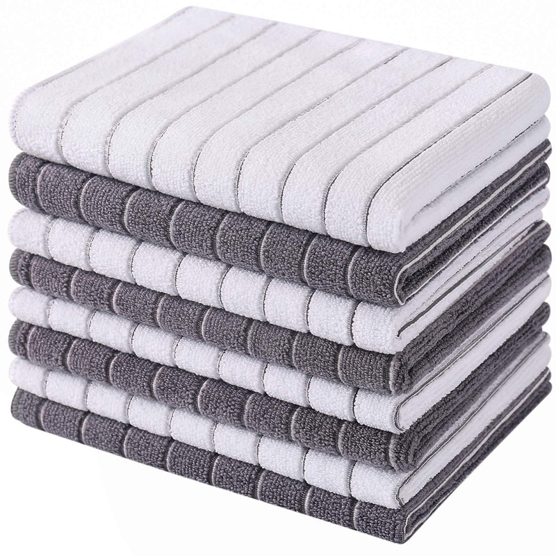  [AUSTRALIA] - HYER KITCHEN Microfiber Kitchen Towels, Stripe Designed, Super Soft and Absorbent Dish Towels, Pack of 8, 18 x 26 Inch, Gray and White Kitchen Towel 26x18 Inch