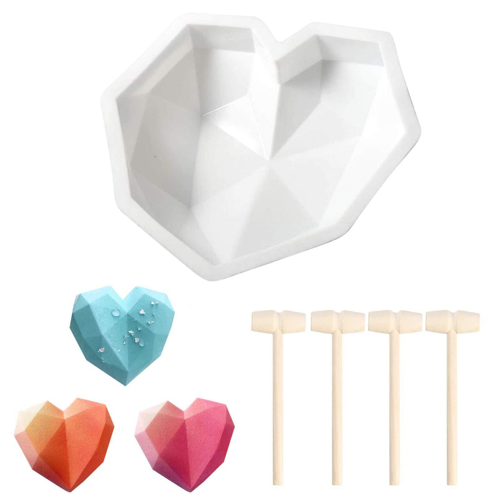  [AUSTRALIA] - Heart Shaped Chocolate Mold - Diamond Heart Mousse Cake Mold Trays Silicone Chocolate Dessert Baking Pan with 4Pcs Wooden Hammers Love for Cake Decoration Candy Making Chocolate A