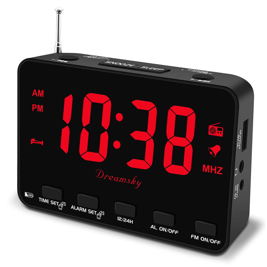 DreamSky Alarm Clock Radio with USB Port, Small Digital Clock with Backup Battery Outlet Powered, Transistor FM Clock Radio with 0-100% Dimmer, Bedside Clock Bedroom with Earphone Jack Snooze 12/24H Black + Red - LeoForward Australia