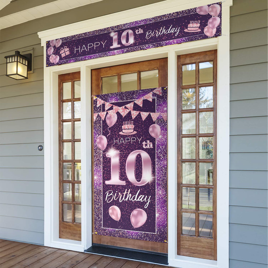  [AUSTRALIA] - PAKBOOM Happy 10th Birthday Door Cover Porch Banner Sign Set - 10 Years Old Birthday Decoraions Party Supplies for Girls - Purple Pink