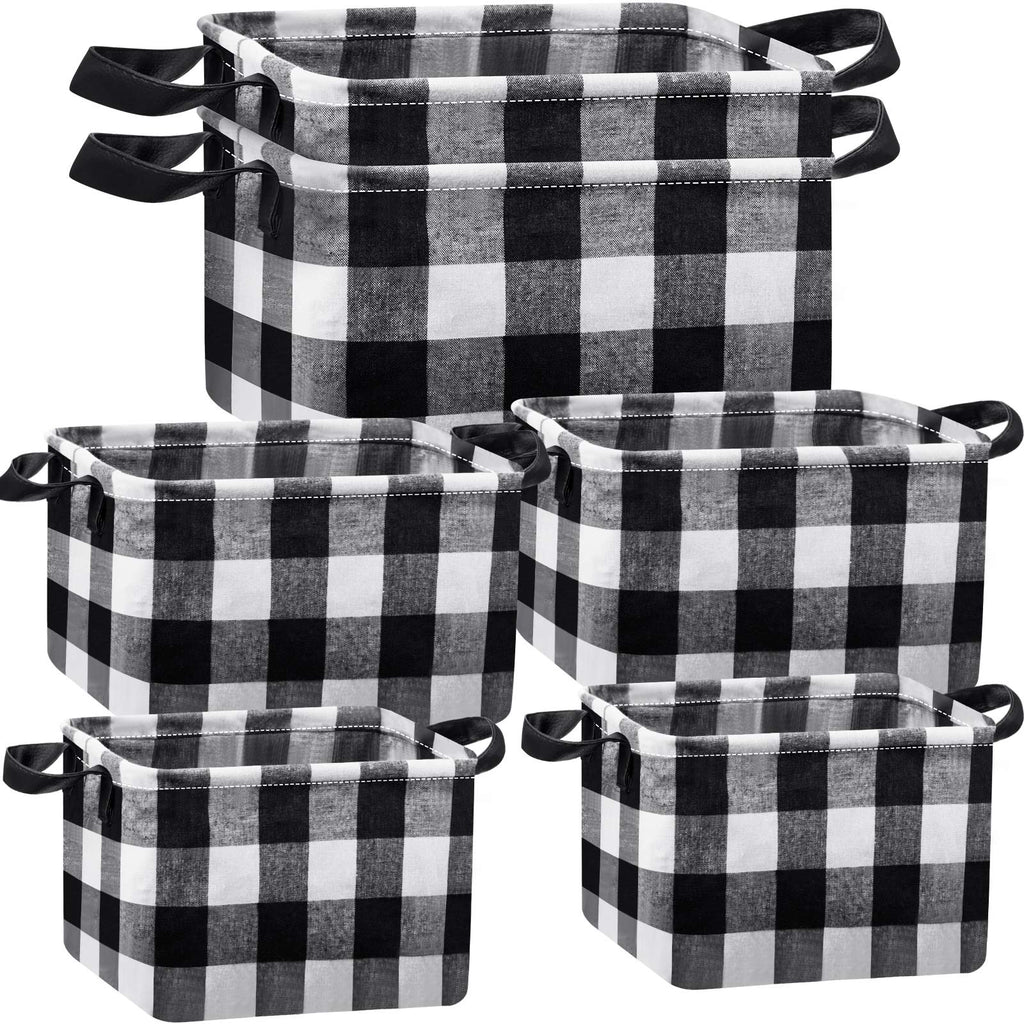  [AUSTRALIA] - 6 Pieces Square Storage Basket Buffalo Check Storage Bin Plaid Storage Organizer with Handles Collapsible Square Organizer for Home Office (Black and White) Black and White