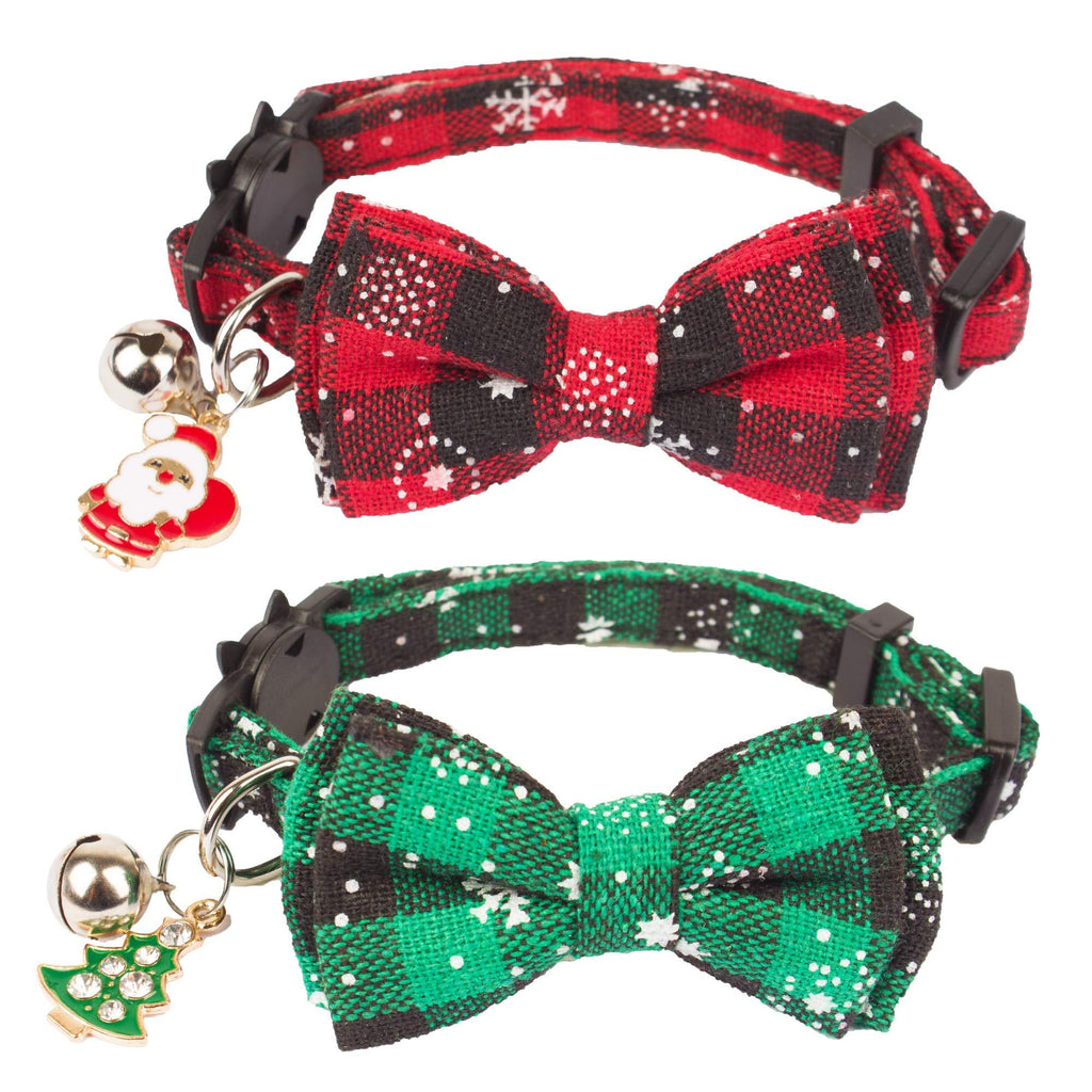Christmas Cat Collar Breakaway with Cute Bow Tie Bell - 2 Pack Kitten Collar Red Green Plaid Pattern Xmas Kitten Collar with Removable Bowtie Cat Bow tie Collar for Kitten Cat (Style 1) - LeoForward Australia